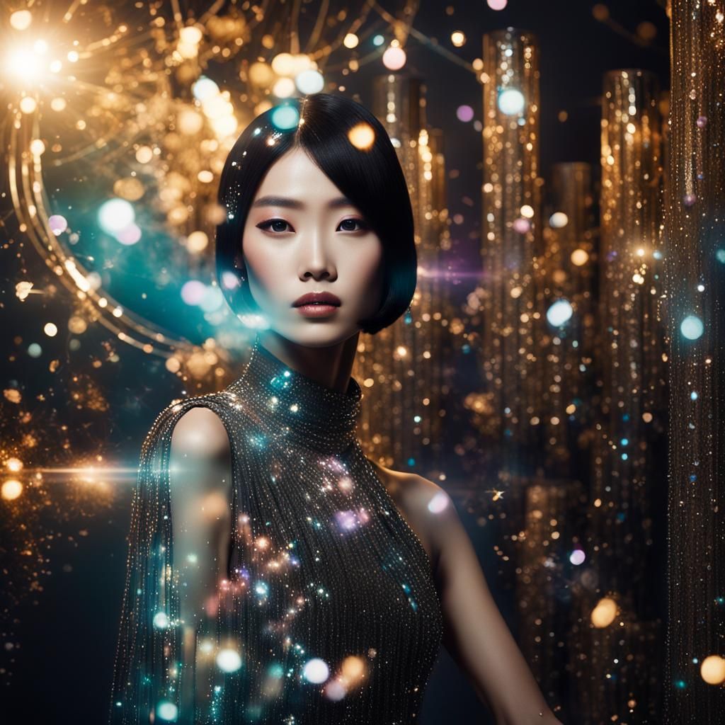 Glamorous Asian Model with Diamonds and Holographic Dress