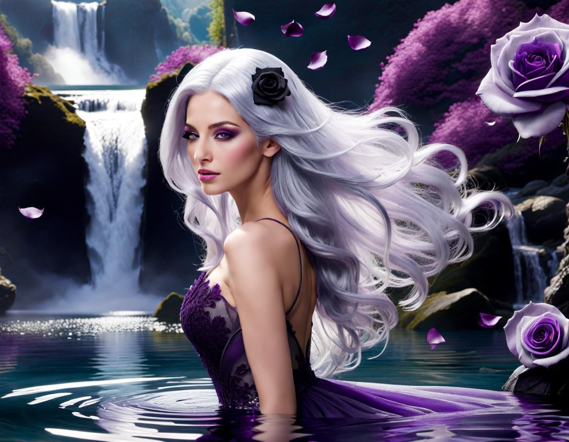 Amethyst Gown: Woman in Lake with Rose Petals