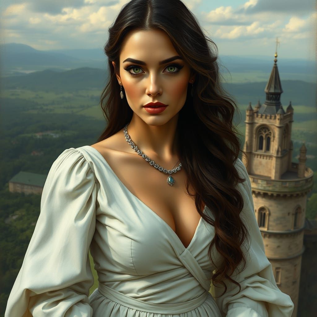 Renaissance Princess with Green Eyes on Castle Tower