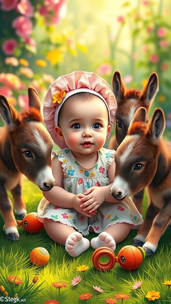 Joyful Baby Surrounded by Donkey Friends in Lush Garden