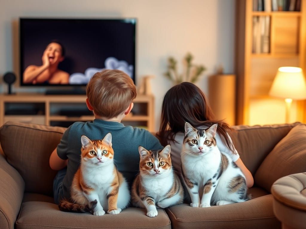 Family watching TV, the cats are looking the other way