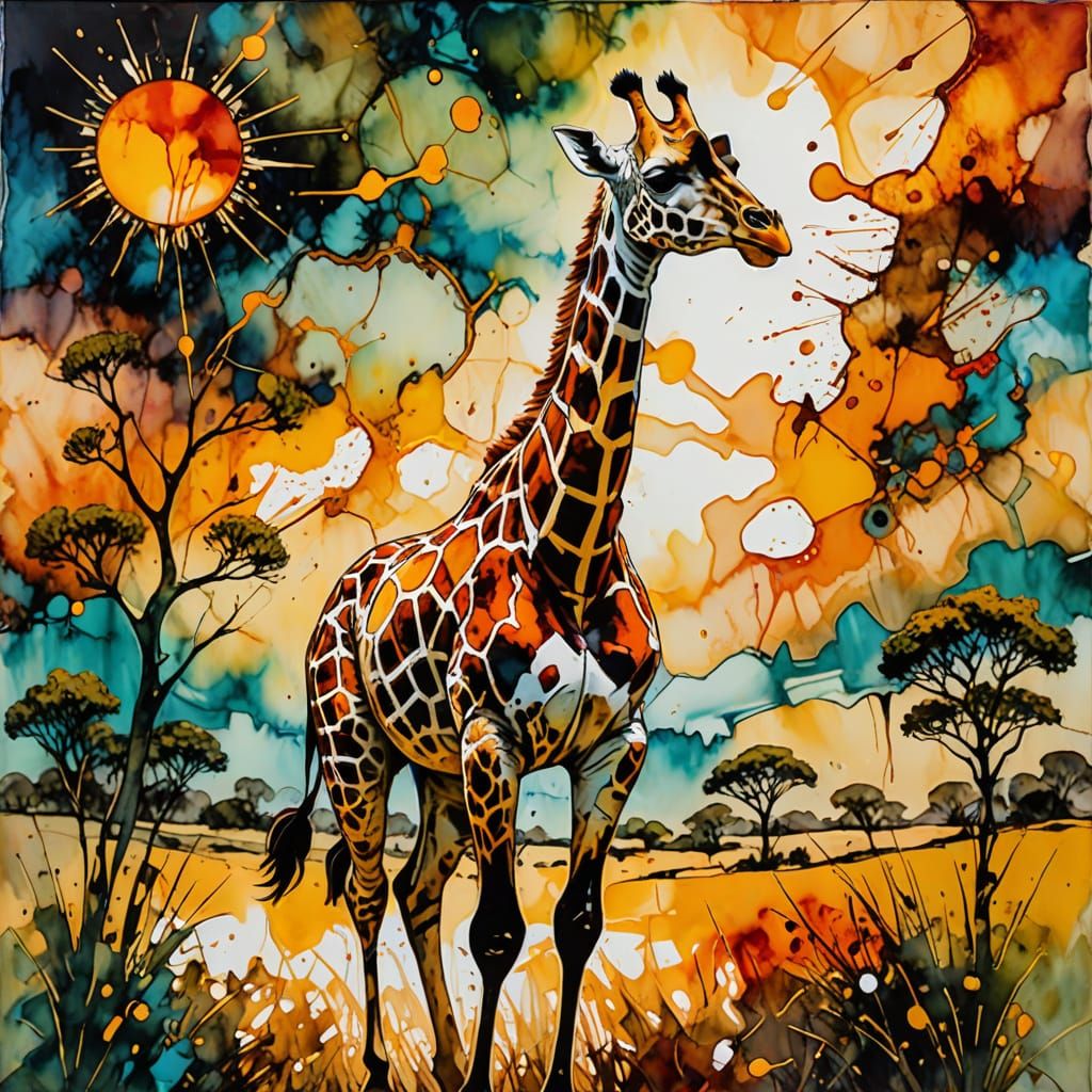 Abstract Expressionist Giraffe Galloping in Golden Hour Ligh...