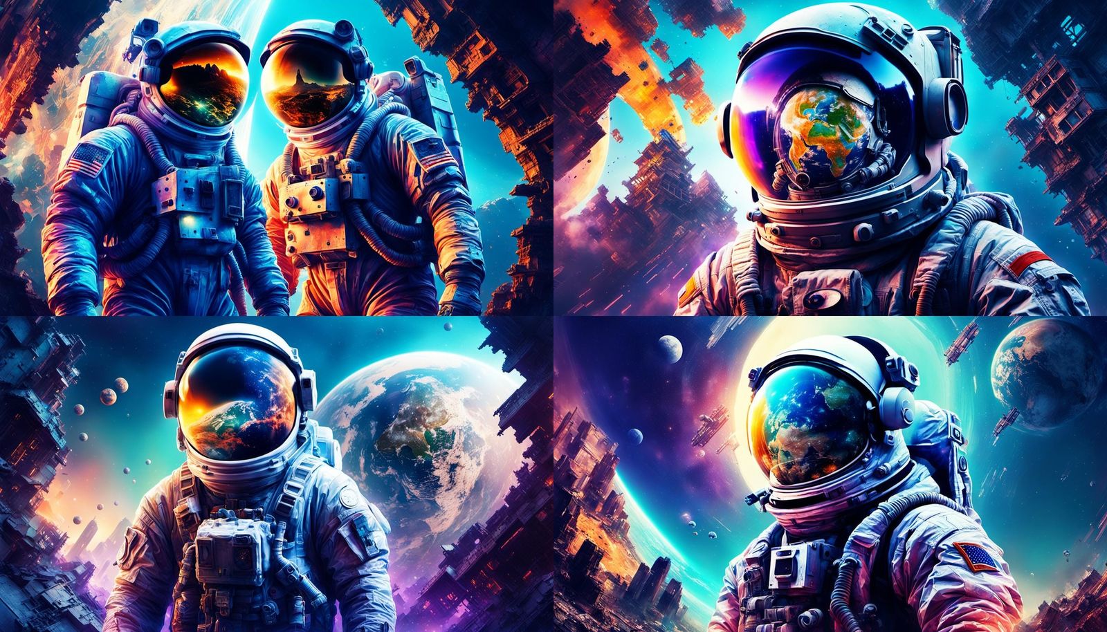 Cyberpunk Double Exposure: Astronaut and Alien on Ruined Ear...