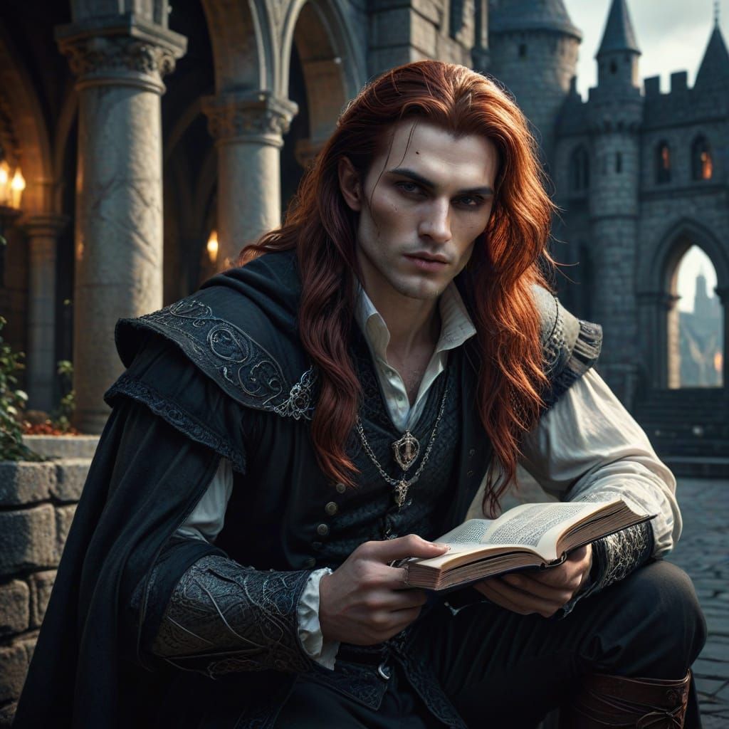 Handsome Vampire Kneels in Dark Castle Courtyard