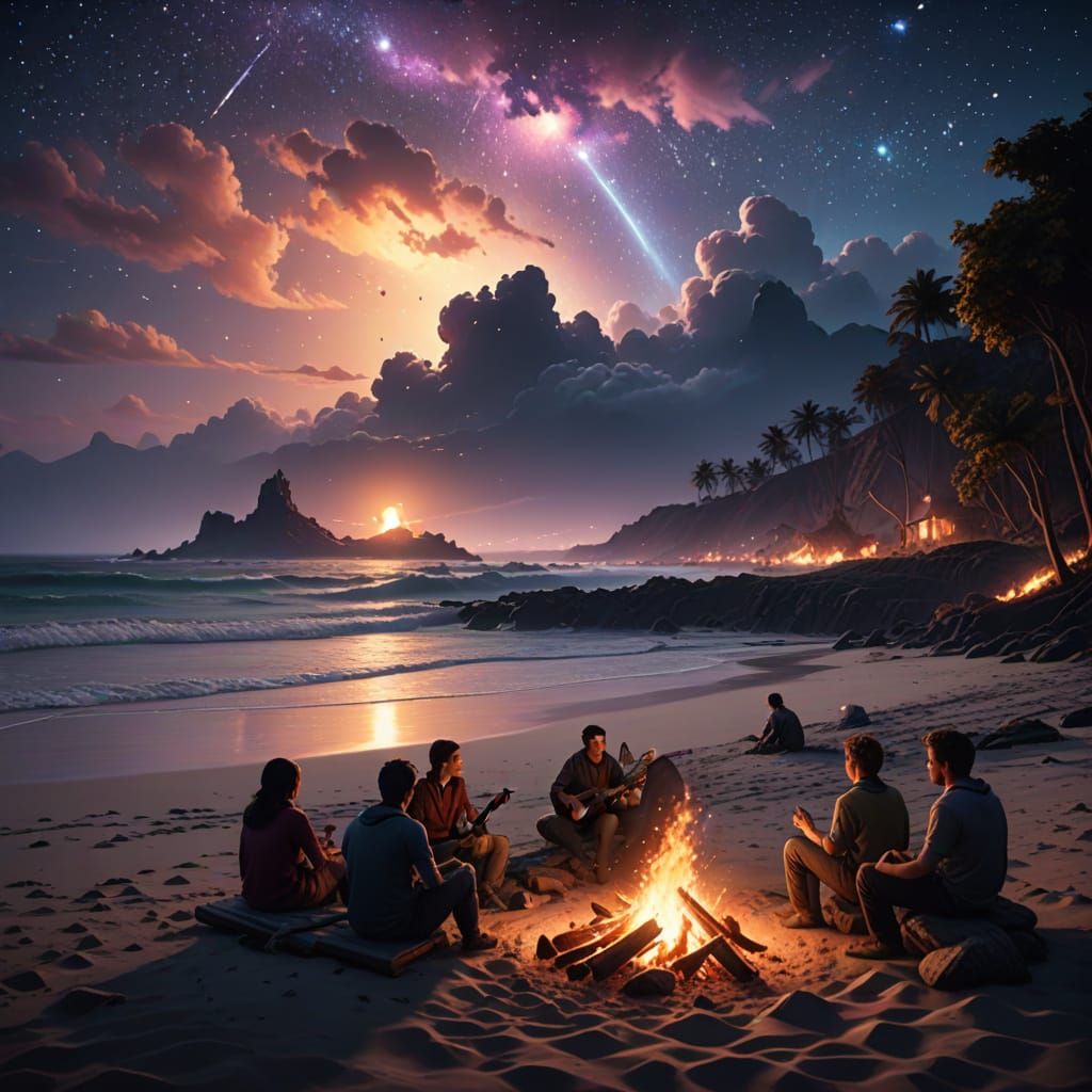 Surfers Gather 'Round a Beachside Bonfire on a Starry Night