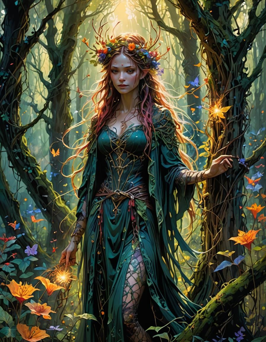 Fairy Witch in Vibrant Woodland Concept Art