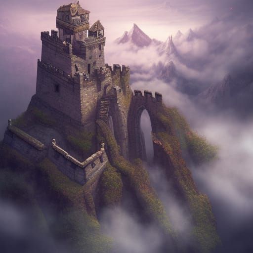 Castle Ruin Above Clouds: European-Aztec Matte Painting