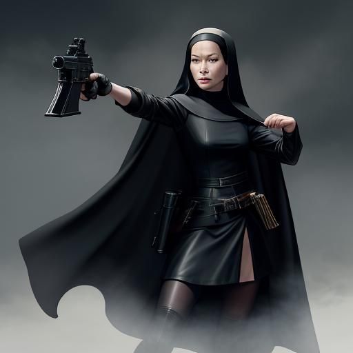Woman Dressed as Nun Fires Revolver: Matte Painting