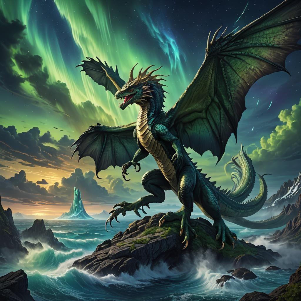 Majestic Basilisk Soaring Above Bioluminescent Ocean