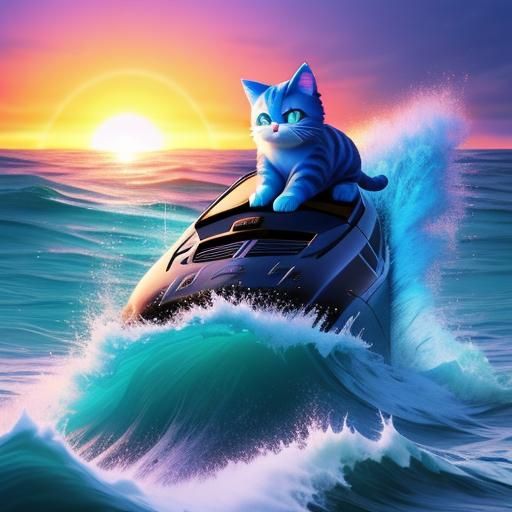 Blue Cat Surfing Sunset Waves: 3D Digital Art
