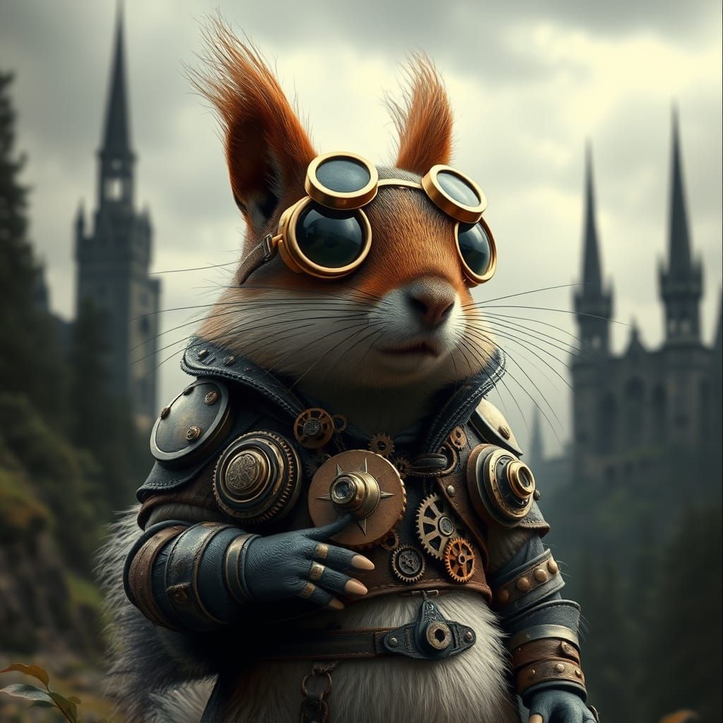 Steampunk Squirrel Amidst Gothic Ruins