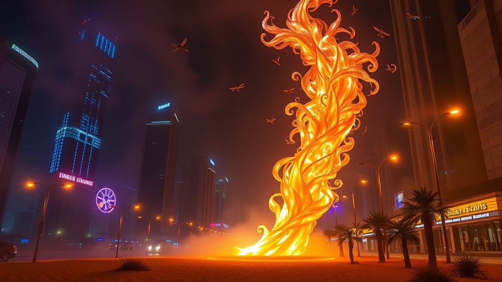 Fiery Crystal Sculpture with Swirling Winds and Neon City