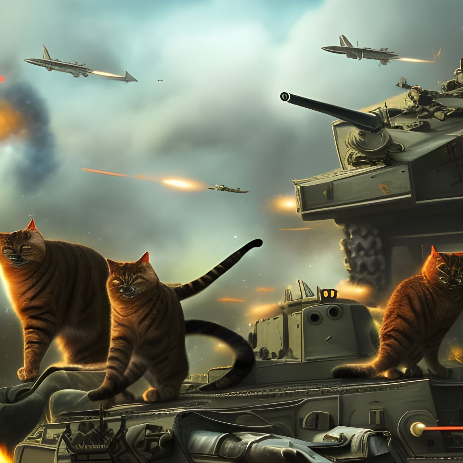 Fierce Cat Battle with Explosions in Detailed Painting