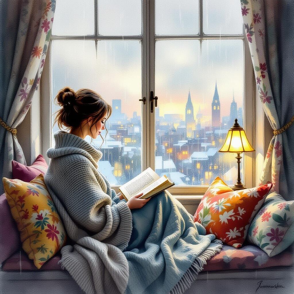 Serene Woman Gazing at Rainy Cityscape