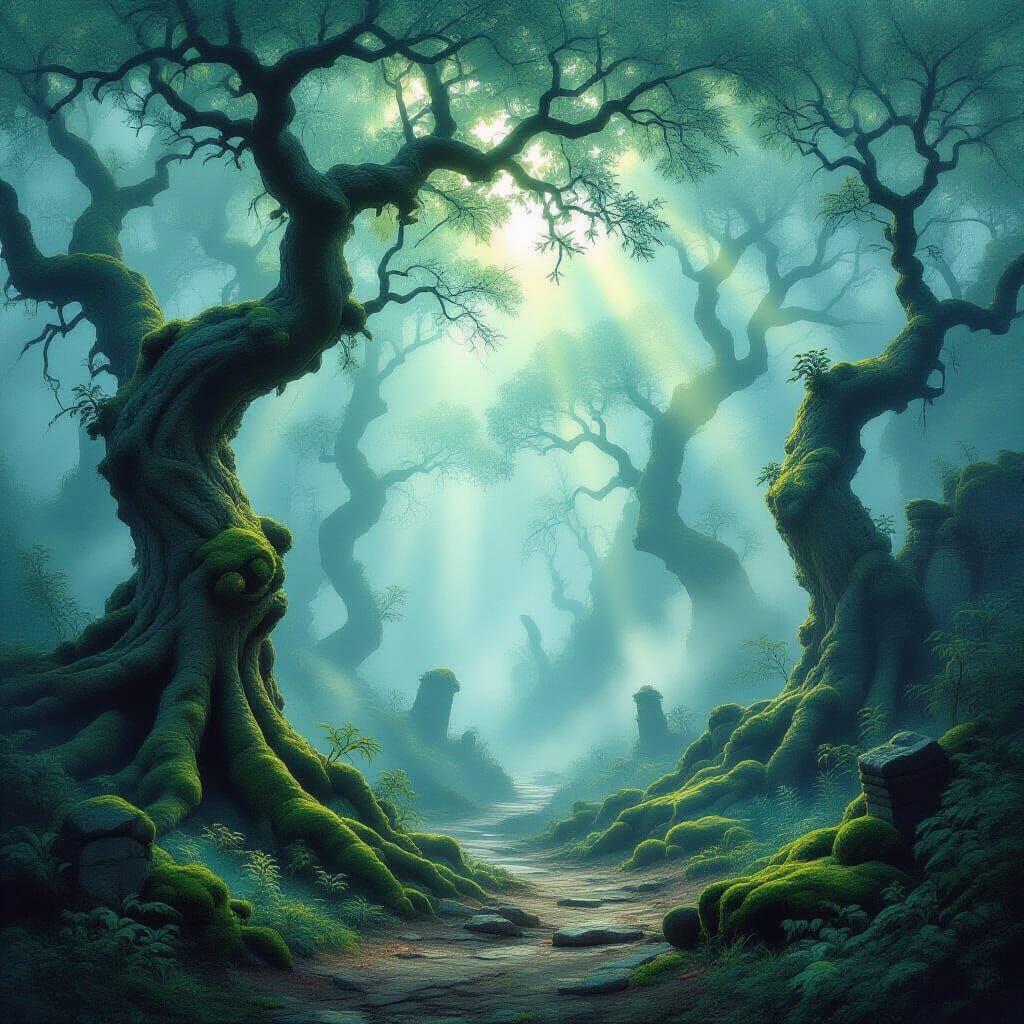 Mysterious Forest Path with Ethereal Light in Fantasy Style
