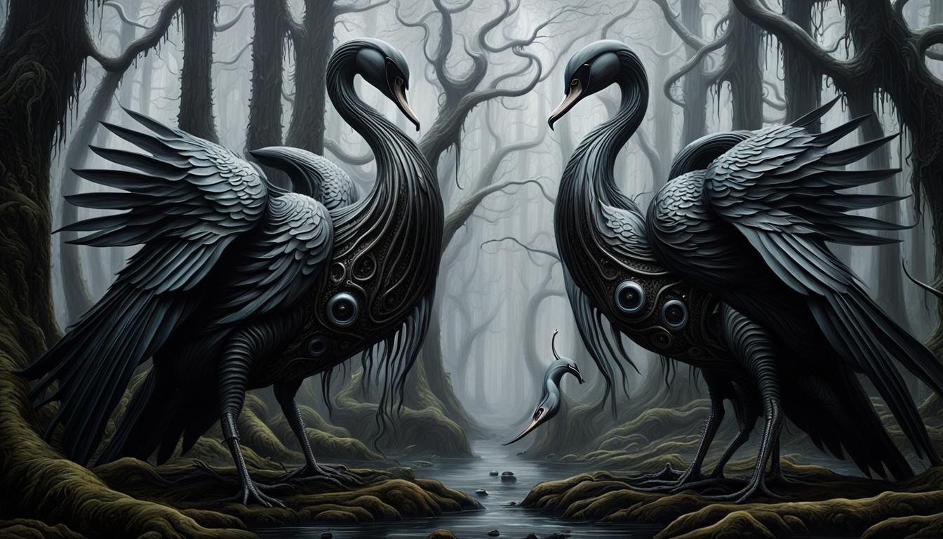 Biomechanical Swans in Dark Forest, Gothic Art
