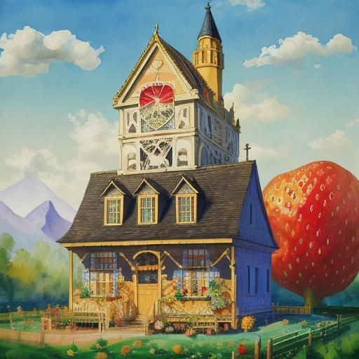 Surreal Strawberry Field Dream in Gouache Style