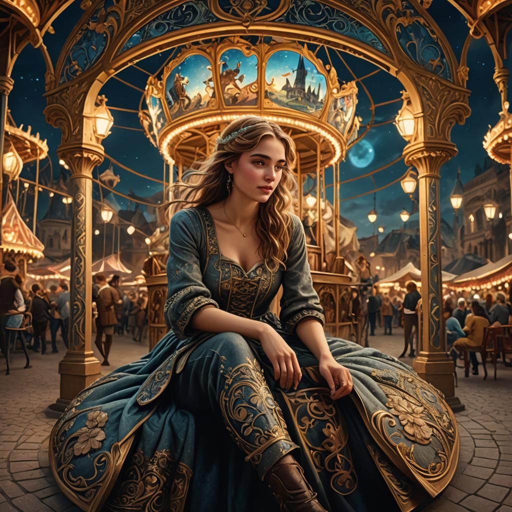 Happy Girl on Medieval Carrousel in Art Nouveau