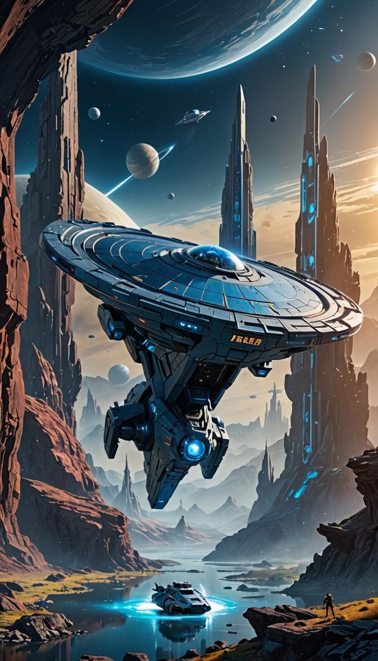 Starship Orbiting Planet with Lasers in Detailed Painting