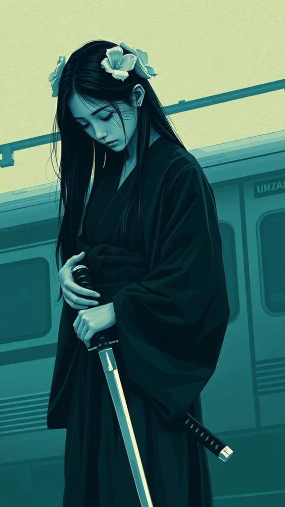 Melancholic Woman with Katana in Urban Collage Style