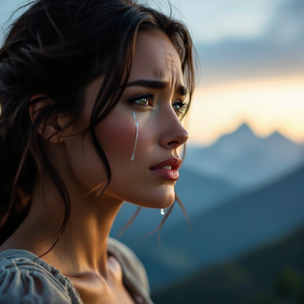 Woman Gazes at Mountain Vista, A Tear Falls