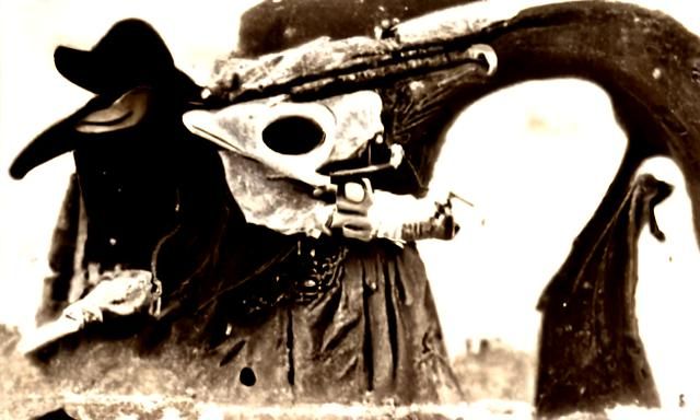 Female Gunslinger in Plague Doctor Mask, Vintage Photo