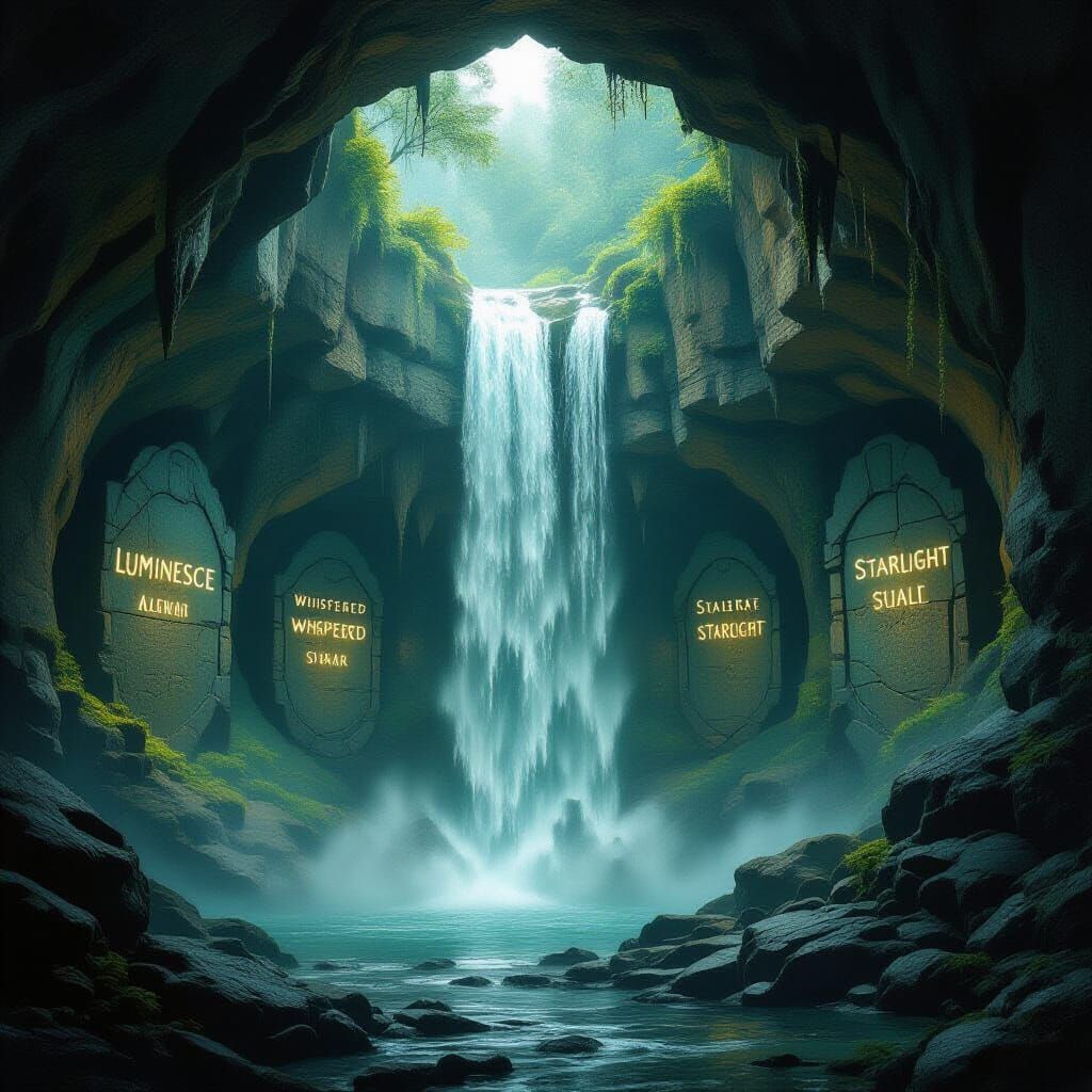 Mystical Cave with Waterfall in Surreal Style