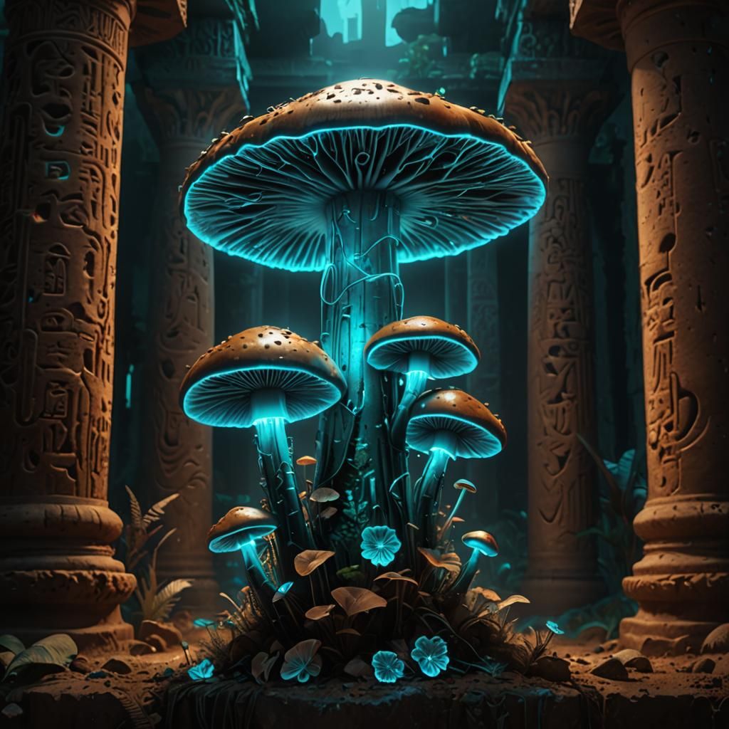 Neon Mushrooms on Egyptian Pillars, Matte Painting