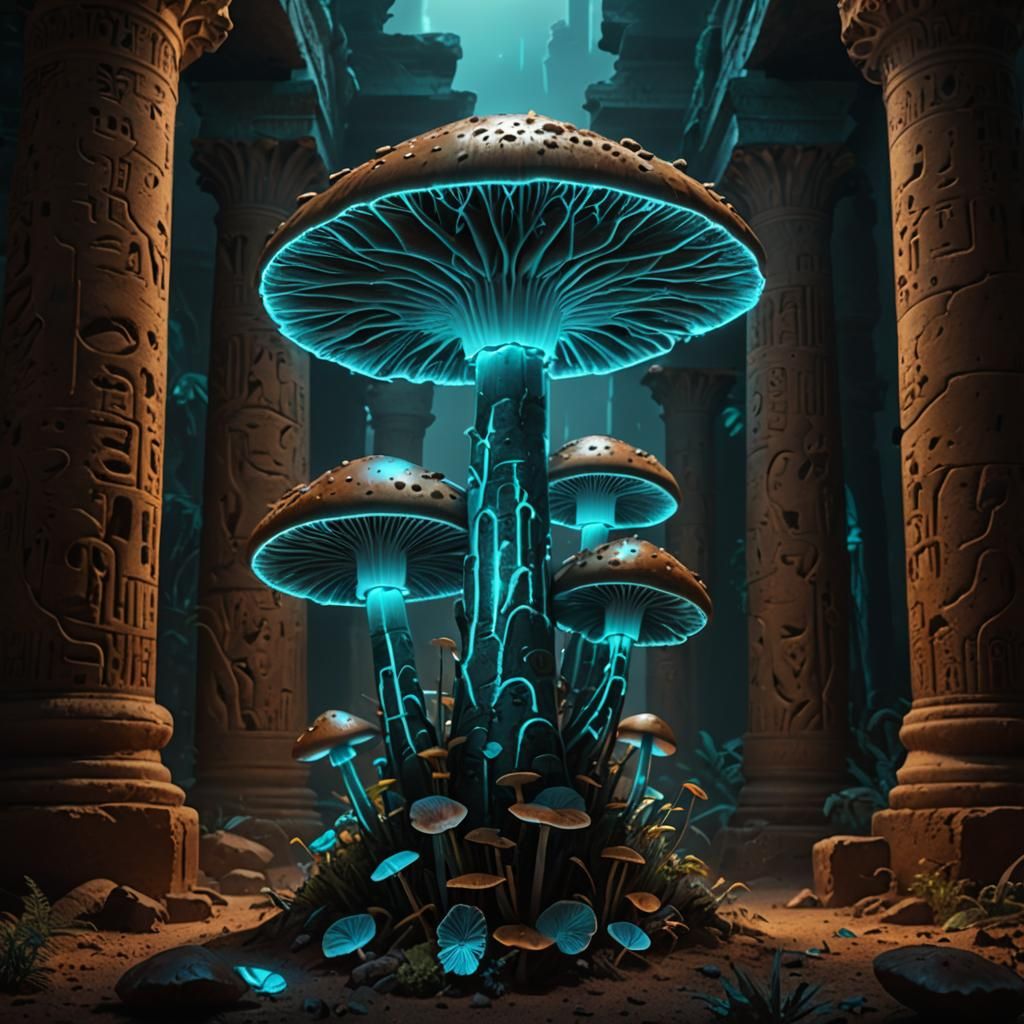 Glowing Mushrooms on Egyptian Columns, Digital Art