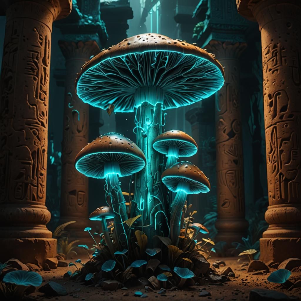 Neon Mushroom Hieroglyphs on Ancient Egyptian Columns