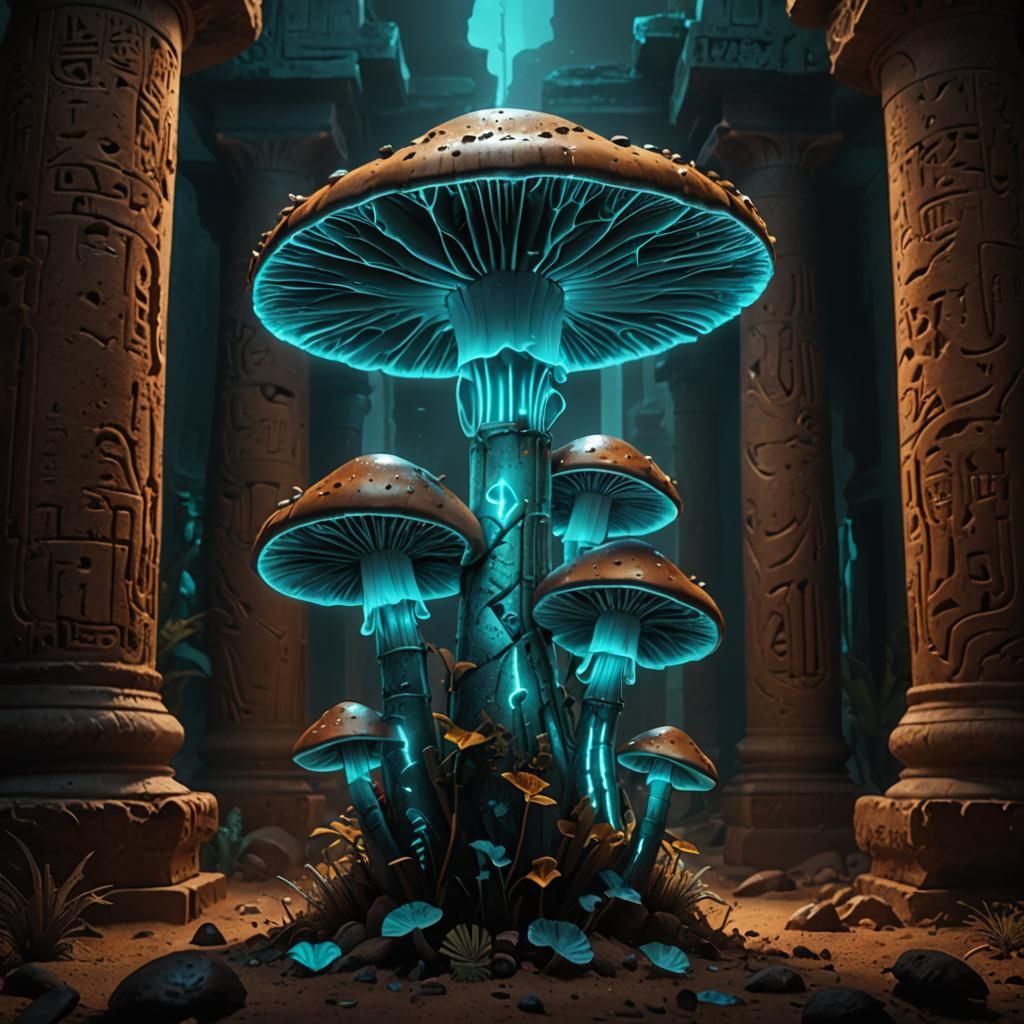 Neon Mushrooms on Egyptian Columns, Digital Matte Painting