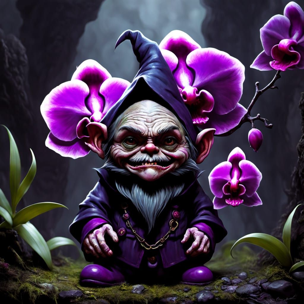 Dark Gnome Encircled by Sinister Orchid Blooms