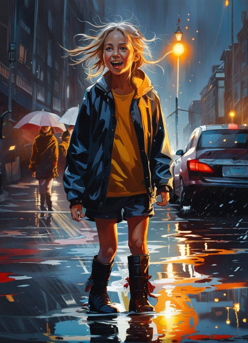 Happy girl in puddles.