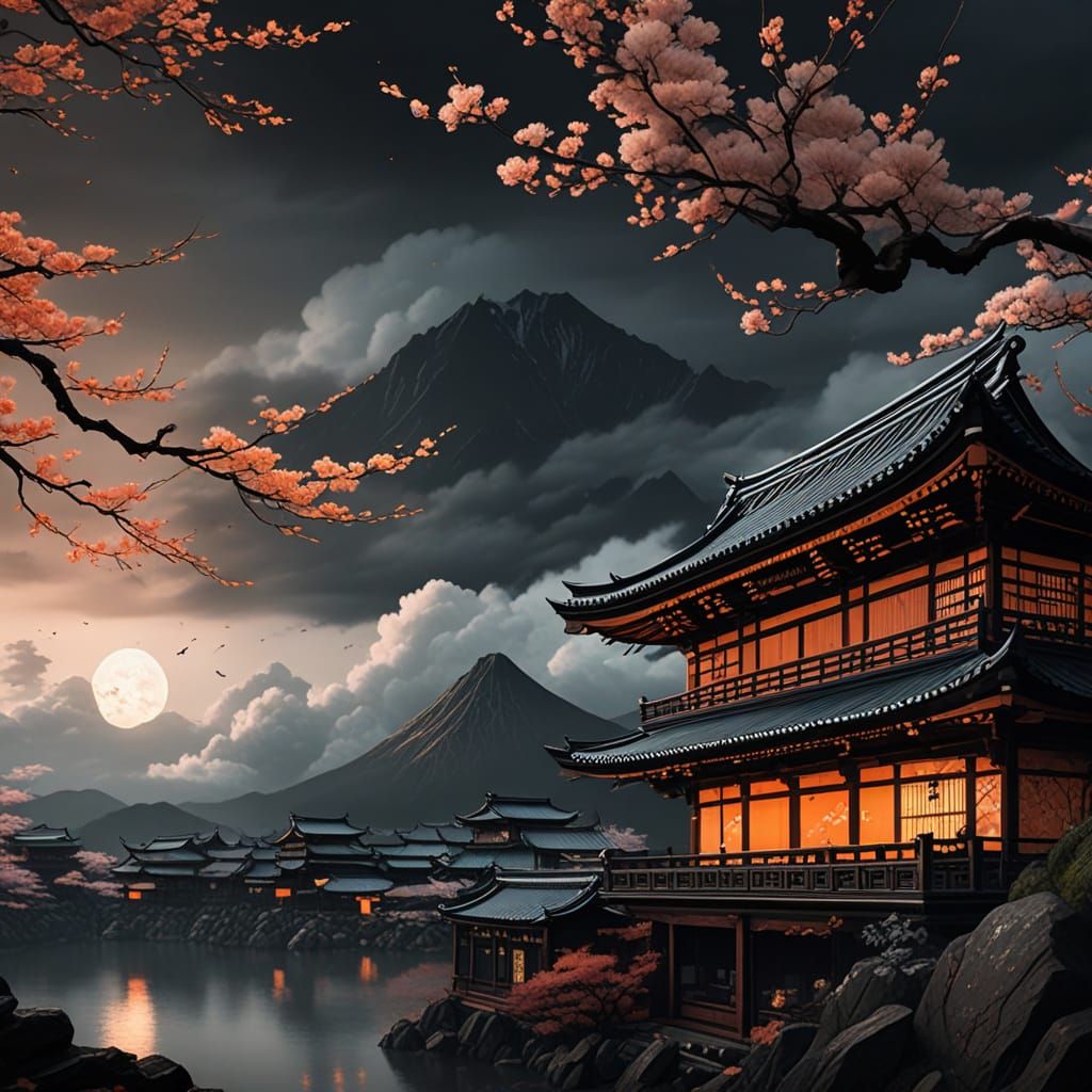 Surreal Japanese Cityscape with Ghostly Samurai and Geishas ...
