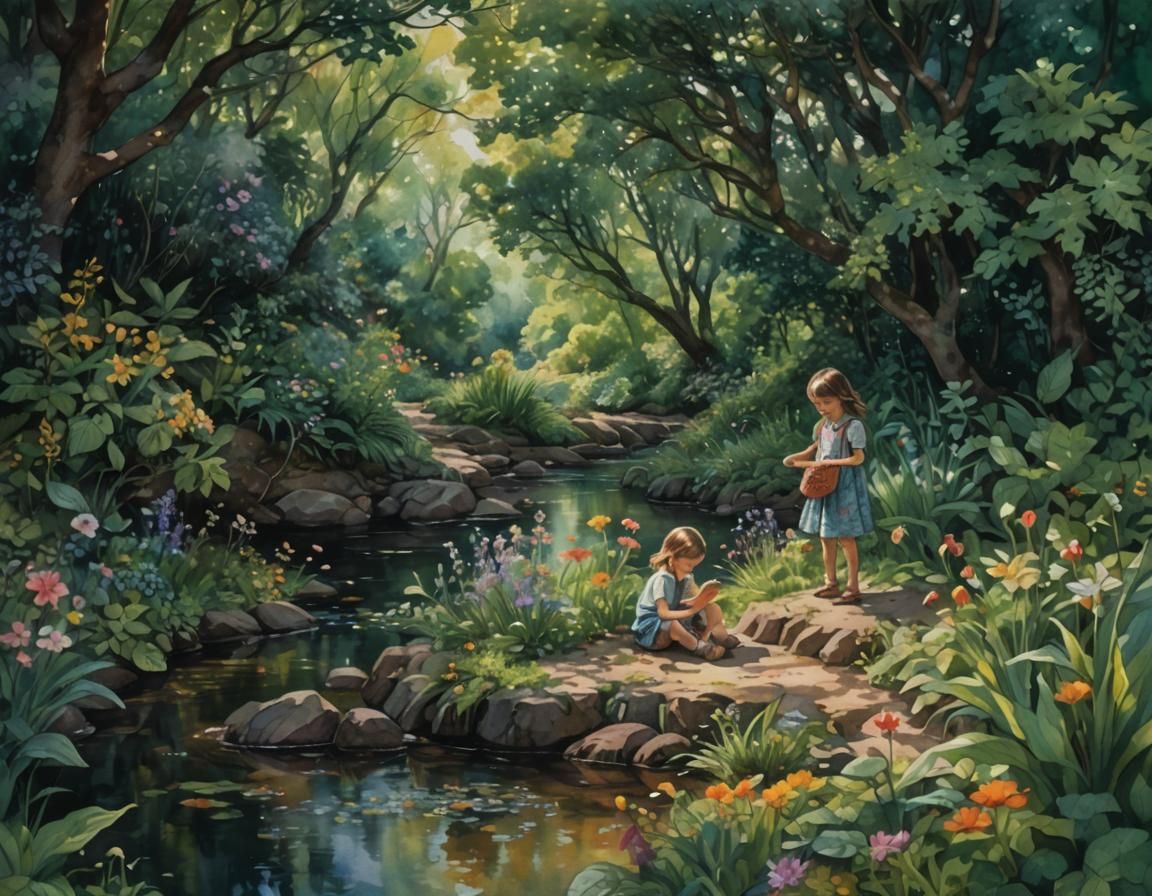 Children Playing: Whimsical Watercolor Illustration