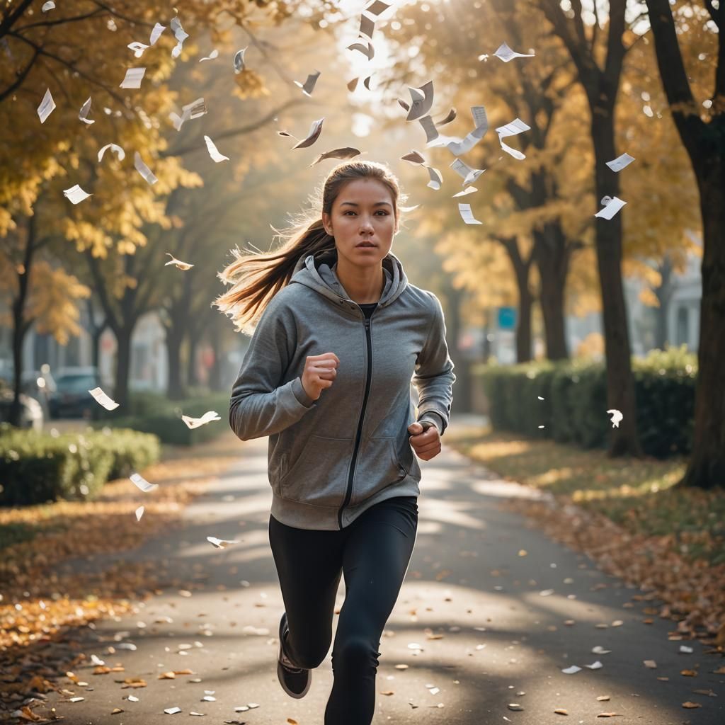 Girl Running with Flying Papers: Portrait Photography