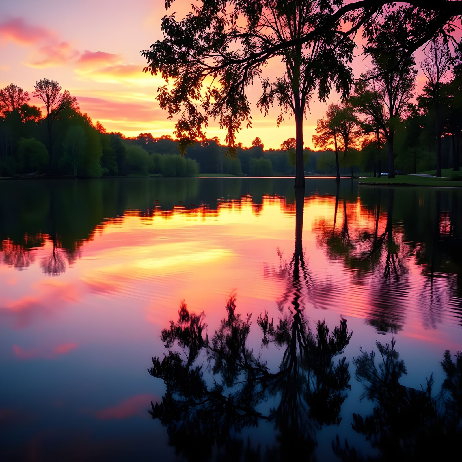 Surreal Impressionist Lake at Sunset, Golden Hour Serenity