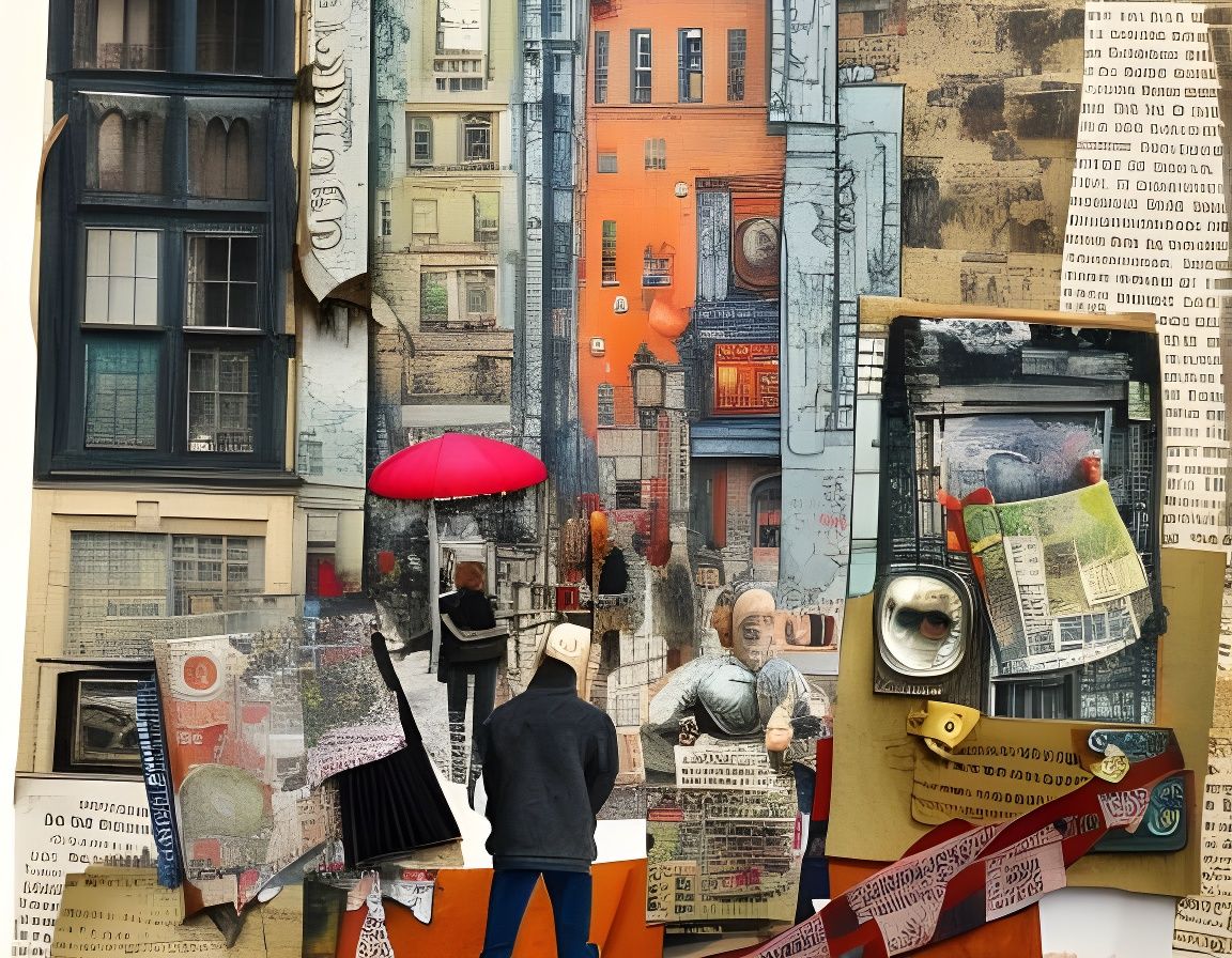 Elaborate Street Scene Collage in Mixed Media
