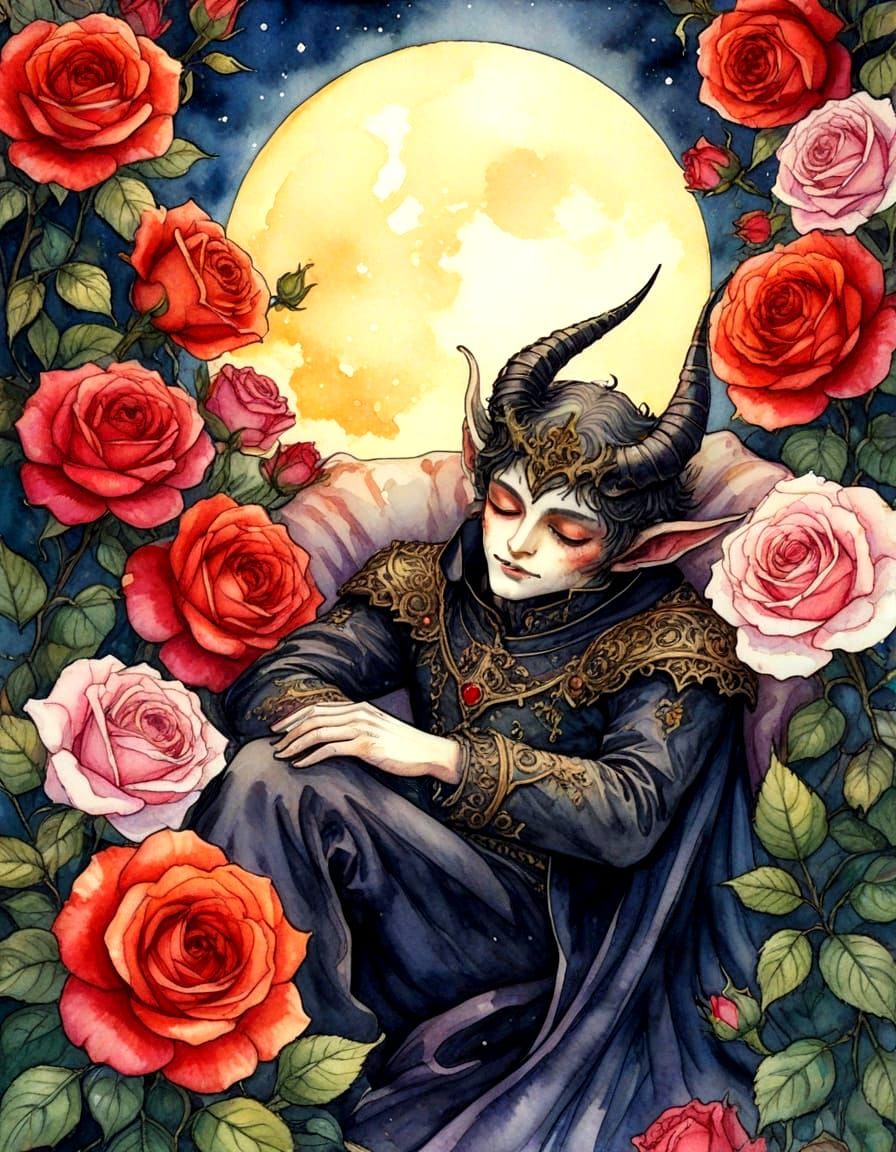 Sleeping Demon Prince in Gothic Watercolor Moonlight