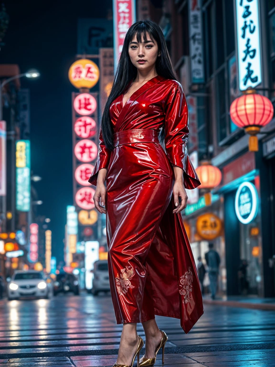 Japanese Modern Goddess in Crimson Latex Kimono