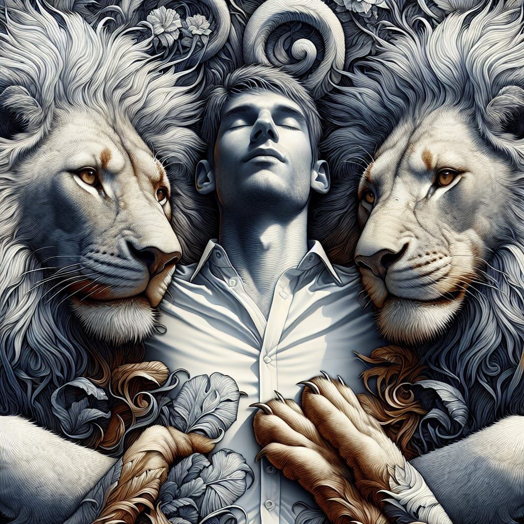 Lions Lounging on a Man's Chest: Fantasy Concept Art