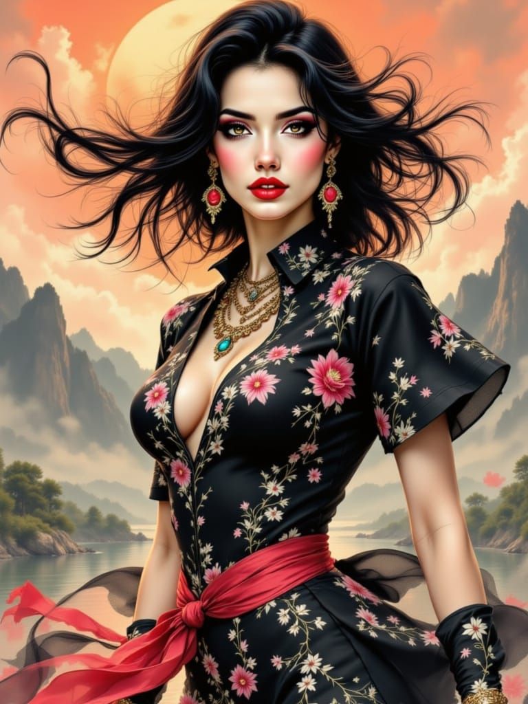 Vibrant Pin-Up Girl amidst Blossoming Cherry Blossoms in Whi...