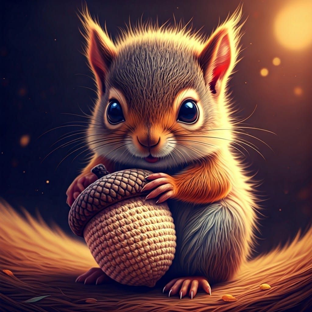 Fluffy Squirrel Cuddles Knitted Acorn: Stylized Digital Art