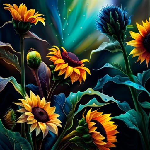 Mystical Black Sunflowers with Dew Drops