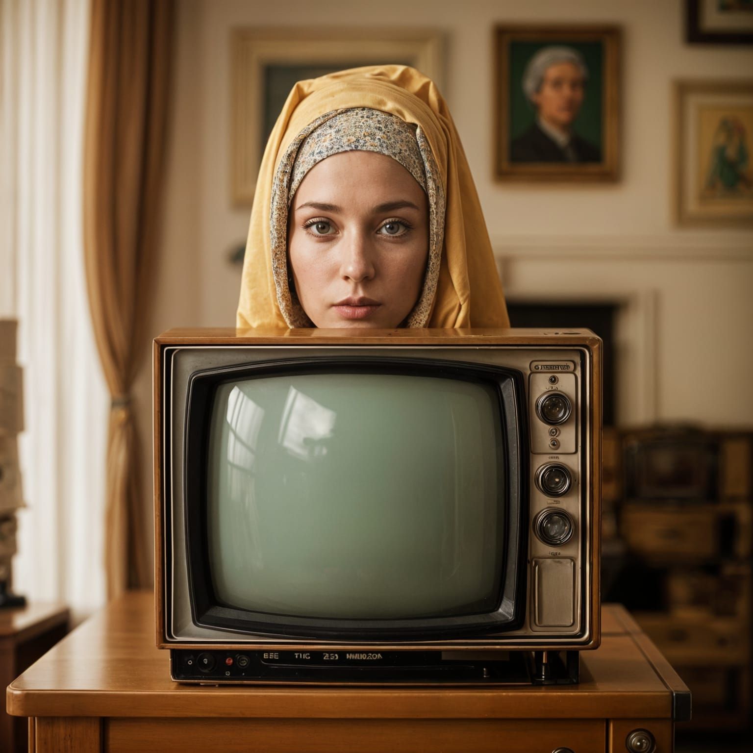 Model with TV Head in Wes Anderson Room