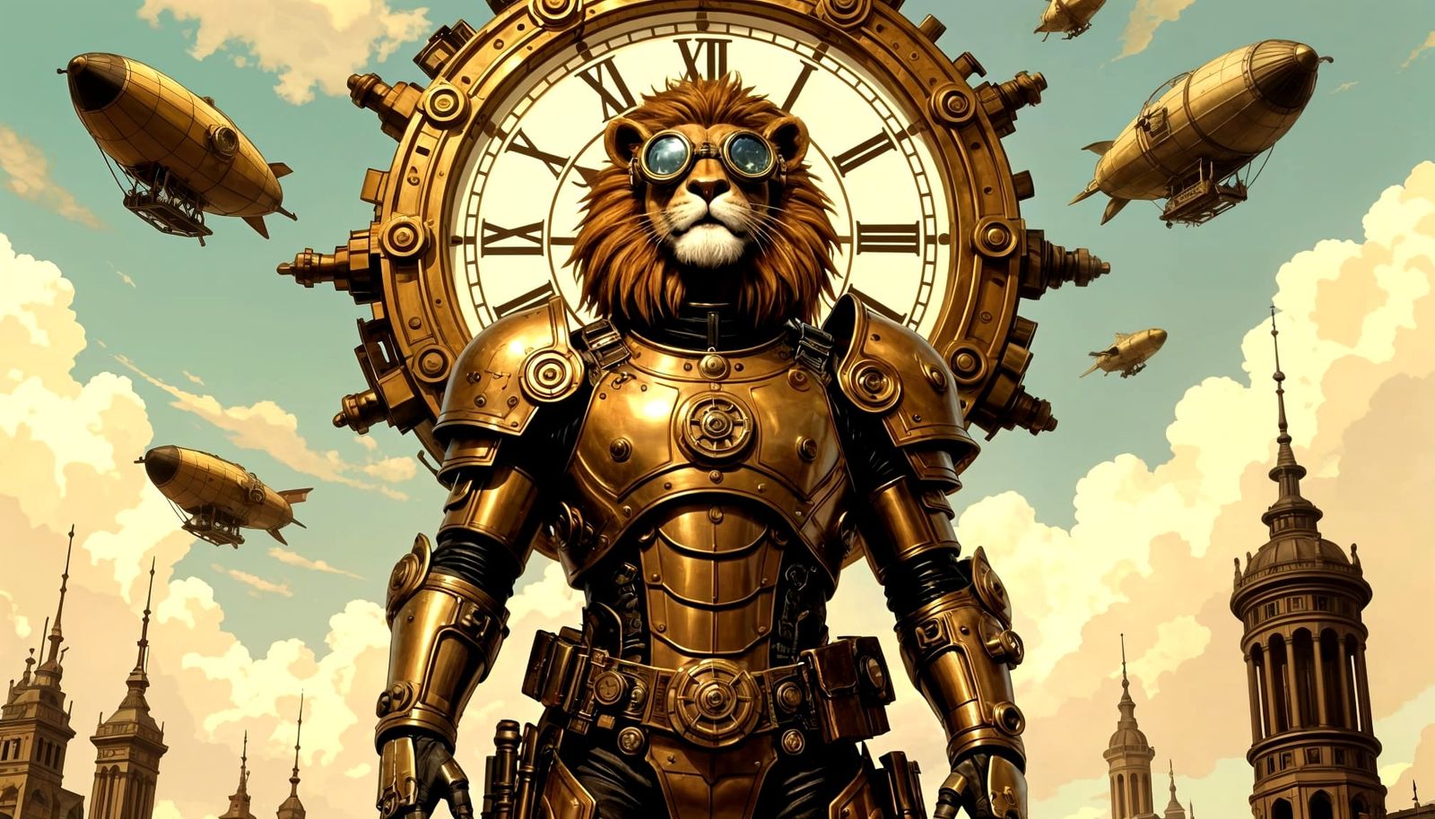 Steampunk Lionman on Clockwork Tower in Victorian Futurism