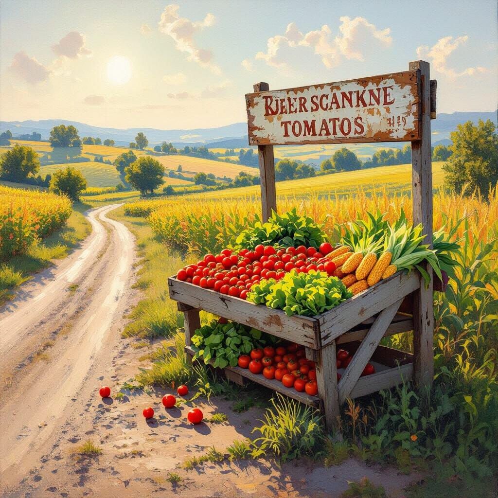 Farmstand Overflowing with Produce in Impressionist Style