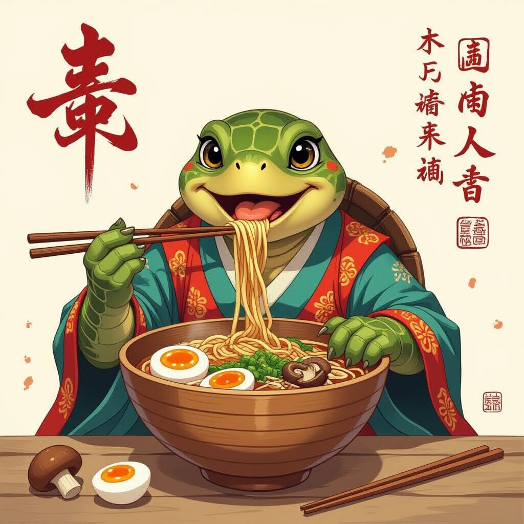 Happy Turtle Slurping Ramen in Chinese Clothing