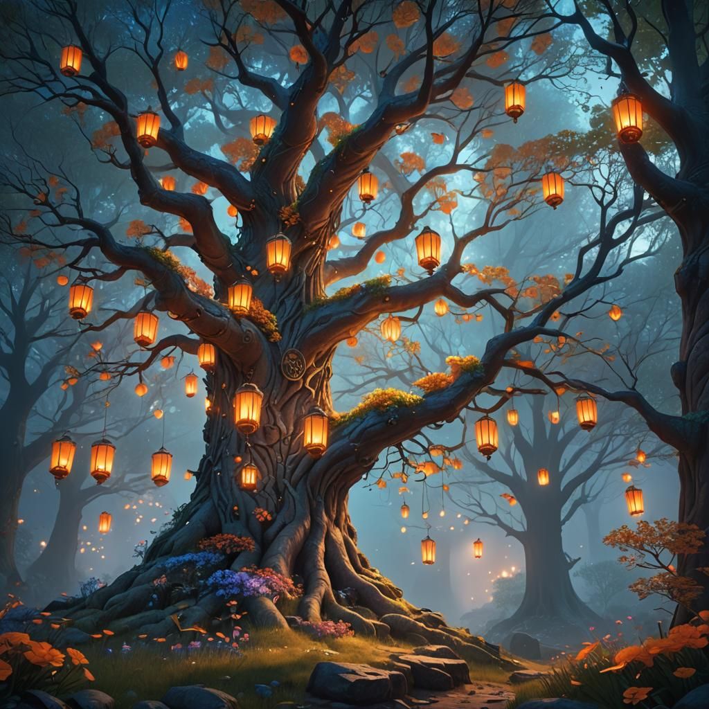 Majestic Lantern Tree in Whimsical Fantasy Forest