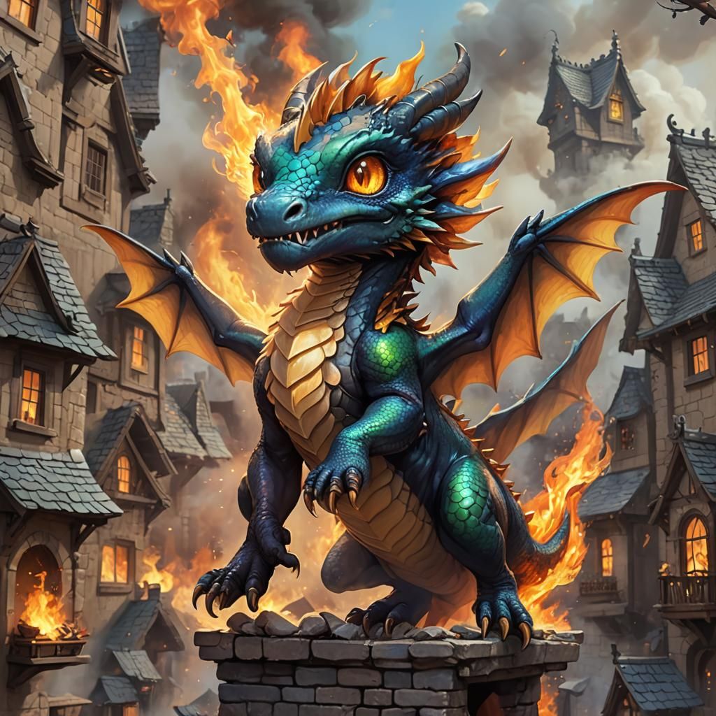 A baby chibi dragon accidentally burns down city